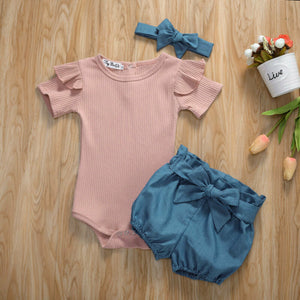 Emmababy Toddler Baby Girl Sunsuit Clothes Tops Short Sleeve Bodysuit + Bowknot Shorts + Headband Set