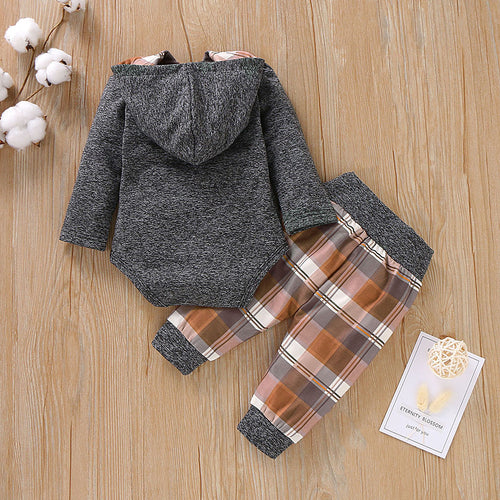 Infant Boys Girls Children kids baby clothes set Plaid Hooded Pullover Romper Bodysuit Pants boutique clothes Outfits Tracksuit