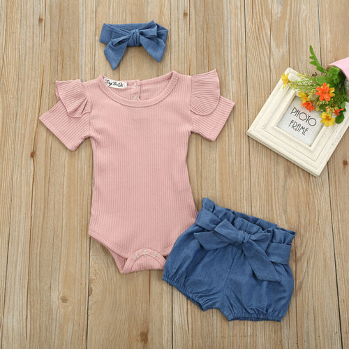 Emmababy Toddler Baby Girl Sunsuit Clothes Tops Short Sleeve Bodysuit + Bowknot Shorts + Headband Set