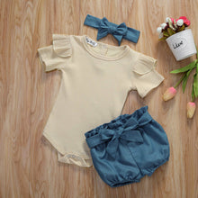 Load image into Gallery viewer, Emmababy Toddler Baby Girl Sunsuit Clothes Tops Short Sleeve Bodysuit + Bowknot Shorts + Headband Set