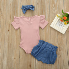 Load image into Gallery viewer, Emmababy Toddler Baby Girl Sunsuit Clothes Tops Short Sleeve Bodysuit + Bowknot Shorts + Headband Set
