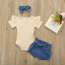 Load image into Gallery viewer, Emmababy Toddler Baby Girl Sunsuit Clothes Tops Short Sleeve Bodysuit + Bowknot Shorts + Headband Set