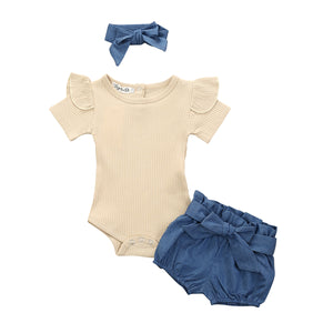Emmababy Toddler Baby Girl Sunsuit Clothes Tops Short Sleeve Bodysuit + Bowknot Shorts + Headband Set