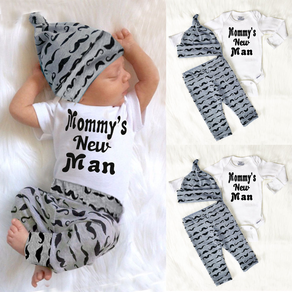 Cute 3PCS Set Newborn Baby Boy Clothes Lovely Mommy's New Man Mustache Print Bodysuit Tops Long Pants Hat Outfits 0-18M