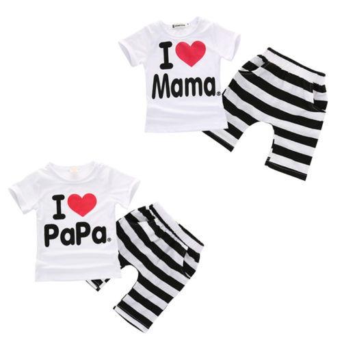 2PCS Toddler Baby Girl Boy T-shirt Tee+Striped Pants Shorts Outfits Kids Cute Comfortable Short Sleeve Clothes