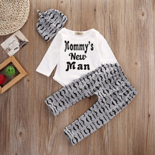 Load image into Gallery viewer, Cute 3PCS Set Newborn Baby Boy Clothes Lovely Mommy&#39;s New Man Mustache Print Bodysuit Tops Long Pants Hat Outfits 0-18M