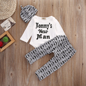 Cute 3PCS Set Newborn Baby Boy Clothes Lovely Mommy's New Man Mustache Print Bodysuit Tops Long Pants Hat Outfits 0-18M