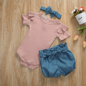 Emmababy Toddler Baby Girl Sunsuit Clothes Tops Short Sleeve Bodysuit + Bowknot Shorts + Headband Set