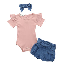 Load image into Gallery viewer, Emmababy Toddler Baby Girl Sunsuit Clothes Tops Short Sleeve Bodysuit + Bowknot Shorts + Headband Set