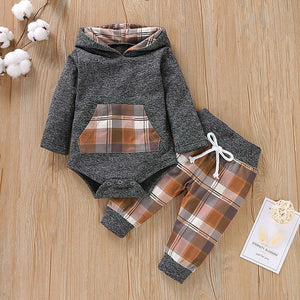 Infant Boys Girls Children kids baby clothes set Plaid Hooded Pullover Romper Bodysuit Pants boutique clothes Outfits Tracksuit