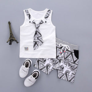 Fashion Brand Children Boys Girls 2pcs Tie TShirt Cotton Vest Cartoon Short Pant Baby Clothes 2020 New Summer Kids Clothing Sets