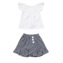 Load image into Gallery viewer, Fashion Cool Babay Girls Summer Clothes Casual Style Children&#39;s Flying Sleeve Solid Color Top + Plaid Above Knee Skirt Set