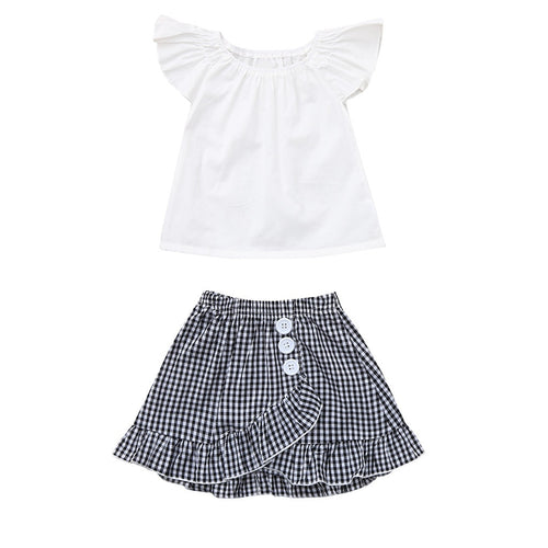 Fashion Cool Babay Girls Summer Clothes Casual Style Children's Flying Sleeve Solid Color Top + Plaid Above Knee Skirt Set