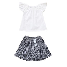 Load image into Gallery viewer, Fashion Cool Babay Girls Summer Clothes Casual Style Children&#39;s Flying Sleeve Solid Color Top + Plaid Above Knee Skirt Set